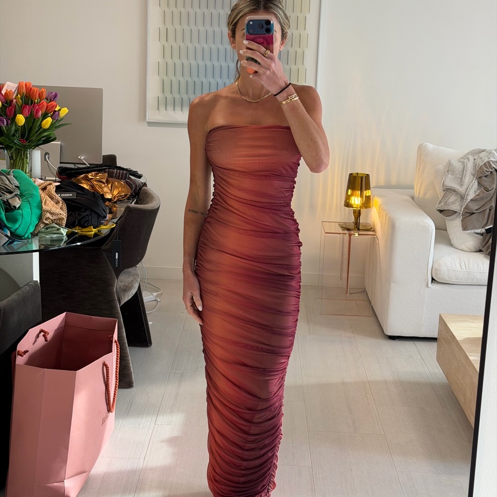 Strapless Ruched Maxi Dress in Rust
